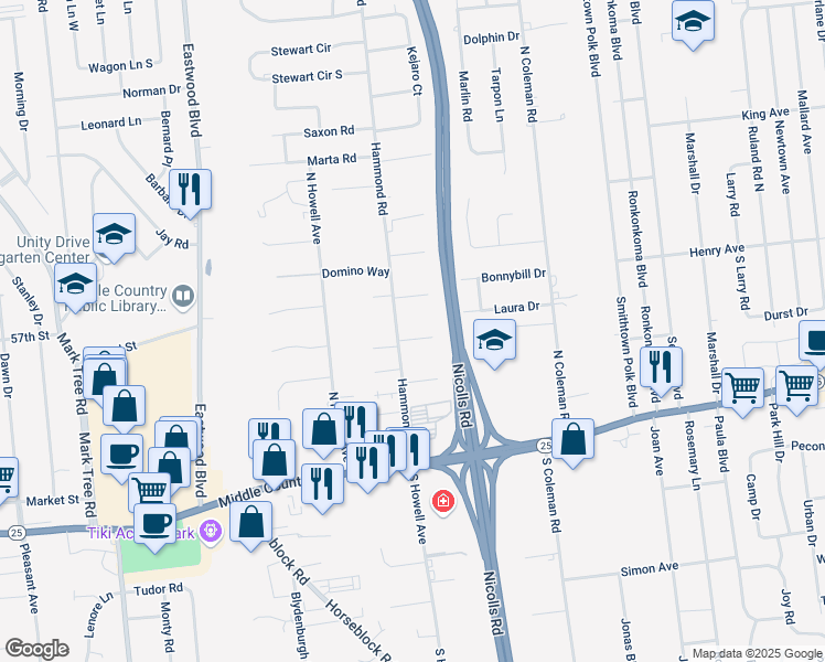 map of restaurants, bars, coffee shops, grocery stores, and more near 3 Oldstone Court in Centereach