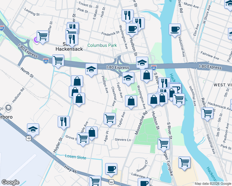 map of restaurants, bars, coffee shops, grocery stores, and more near 418B Chestnut Avenue in South Hackensack