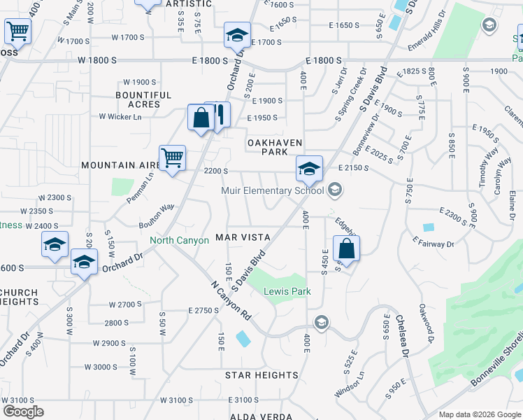 map of restaurants, bars, coffee shops, grocery stores, and more near 2292 South 250 East in Bountiful
