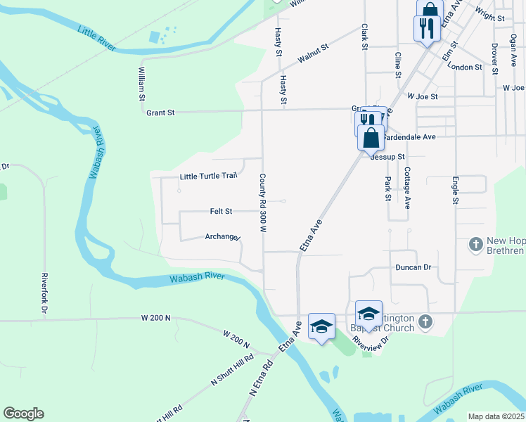 map of restaurants, bars, coffee shops, grocery stores, and more near 1340 County Road 300 West in Huntington