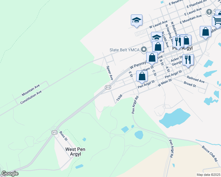 map of restaurants, bars, coffee shops, grocery stores, and more near 921 George Street in Pen Argyl