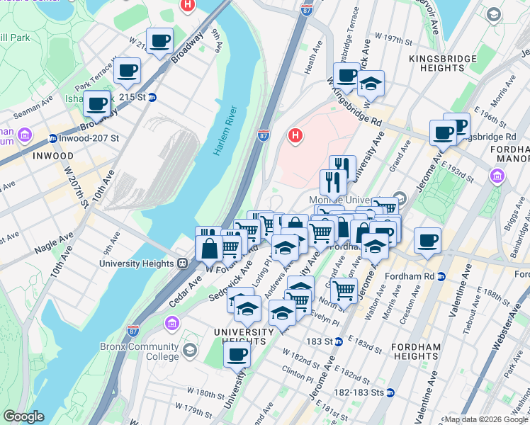 map of restaurants, bars, coffee shops, grocery stores, and more near in The Bronx