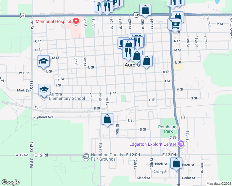 map of restaurants, bars, coffee shops, grocery stores, and more near 801 10th Street in Aurora