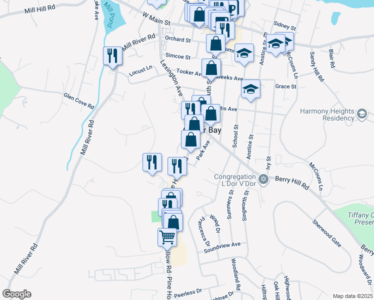 map of restaurants, bars, coffee shops, grocery stores, and more near 29 Pine Hollow Road in Oyster Bay