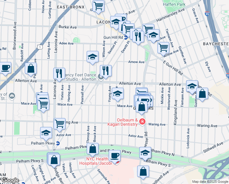 map of restaurants, bars, coffee shops, grocery stores, and more near 2562 Young Avenue in The Bronx