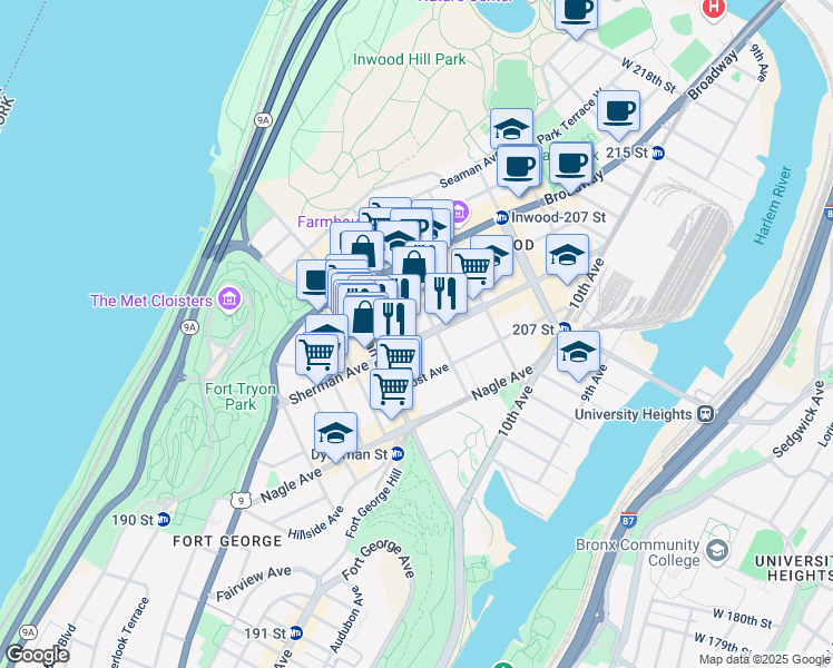 map of restaurants, bars, coffee shops, grocery stores, and more near 128 Sherman Avenue in New York