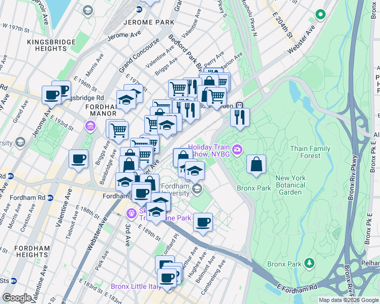 map of restaurants, bars, coffee shops, grocery stores, and more near in Bronx