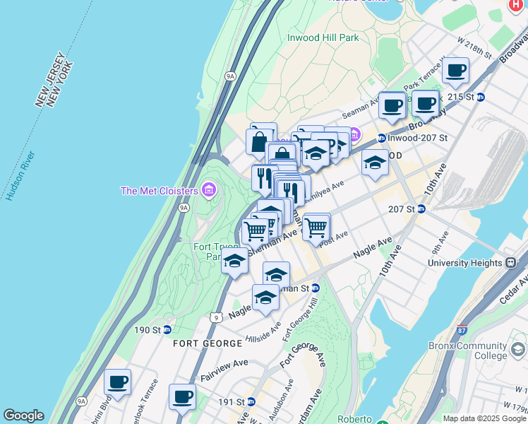 map of restaurants, bars, coffee shops, grocery stores, and more near 97 Arden Street in New York
