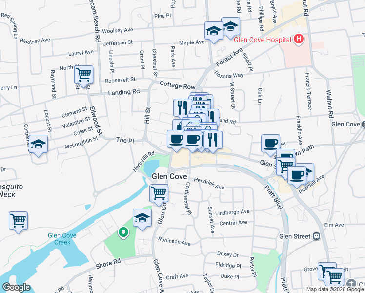 map of restaurants, bars, coffee shops, grocery stores, and more near 24 Bridge Street in Glen Cove