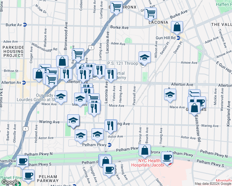 map of restaurants, bars, coffee shops, grocery stores, and more near 2551 Hering Avenue in Bronx