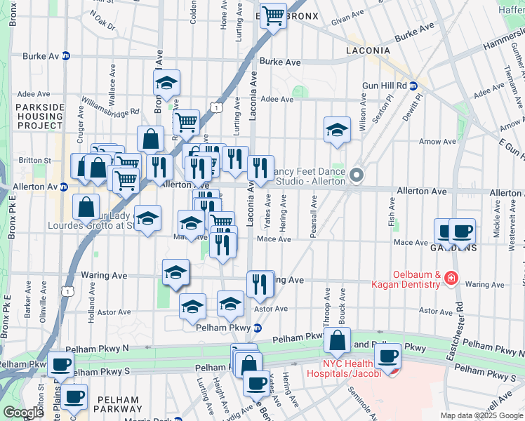 map of restaurants, bars, coffee shops, grocery stores, and more near 2546 Laconia Avenue in The Bronx