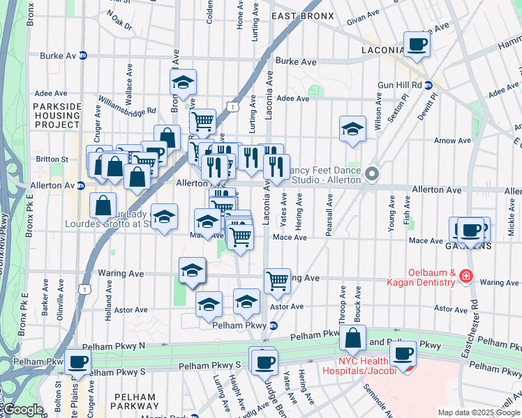 map of restaurants, bars, coffee shops, grocery stores, and more near 2546 Laconia Avenue in The Bronx