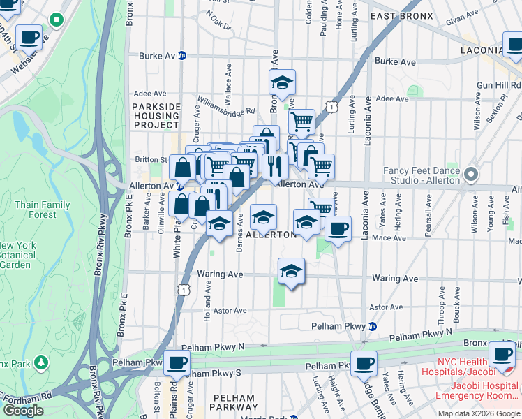 map of restaurants, bars, coffee shops, grocery stores, and more near 2538 Barnes Avenue in Bronx