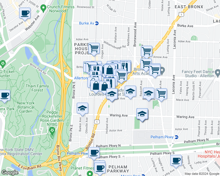 map of restaurants, bars, coffee shops, grocery stores, and more near 2513 Wallace Avenue in The Bronx