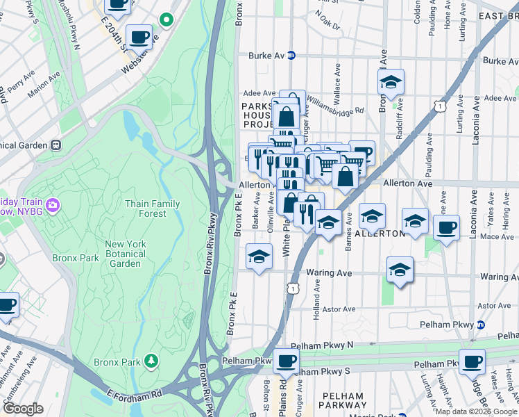 map of restaurants, bars, coffee shops, grocery stores, and more near 2540 Barker Avenue in Bronx