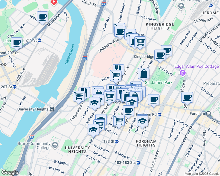 map of restaurants, bars, coffee shops, grocery stores, and more near 2472 Devoe Terrace in Bronx
