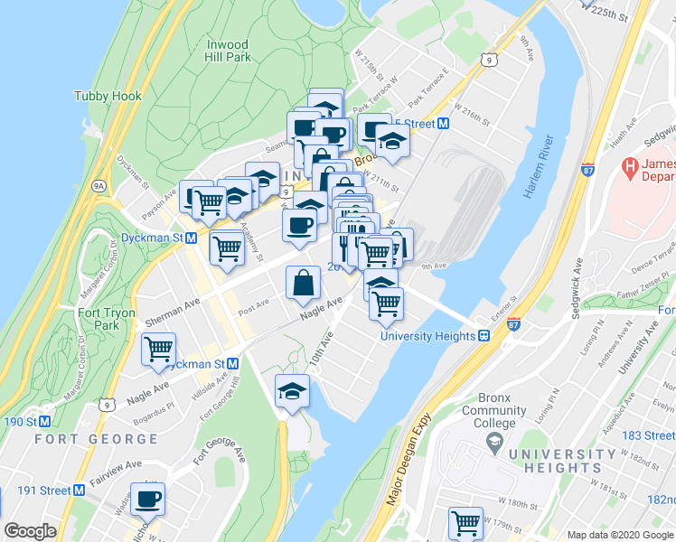 map of restaurants, bars, coffee shops, grocery stores, and more near 119 Post Avenue in New York