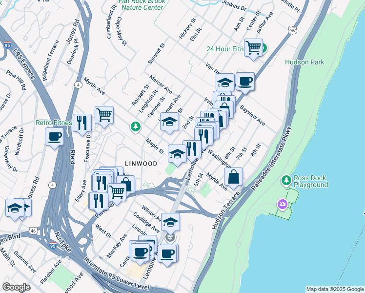 map of restaurants, bars, coffee shops, grocery stores, and more near 234A Washington Avenue in Fort Lee
