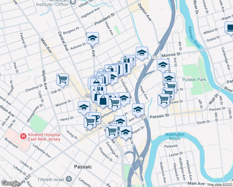map of restaurants, bars, coffee shops, grocery stores, and more near 21 Rosz Place in Passaic