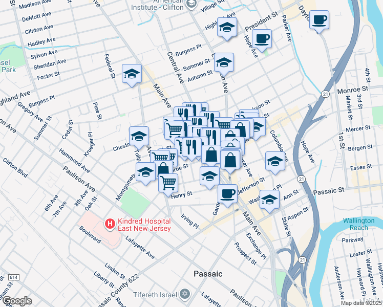 map of restaurants, bars, coffee shops, grocery stores, and more near 791 Main Avenue in Passaic
