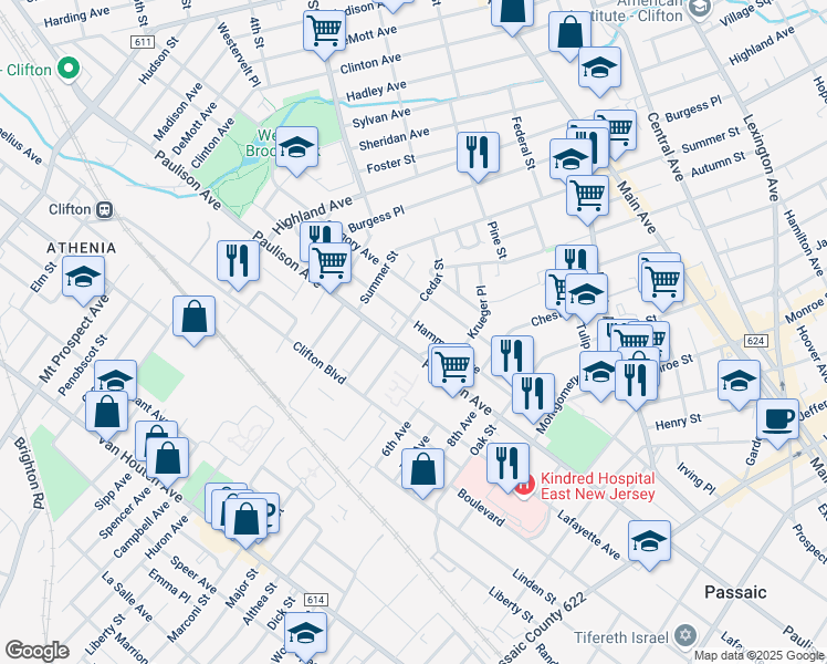 map of restaurants, bars, coffee shops, grocery stores, and more near 8 Summit Avenue in Clifton