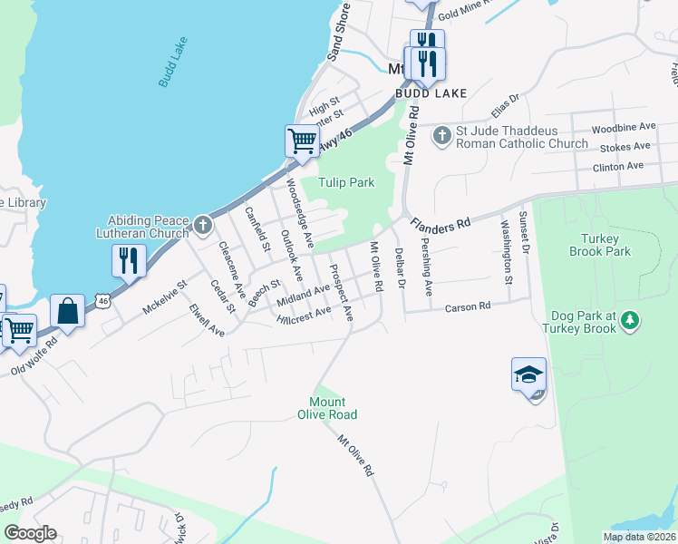 map of restaurants, bars, coffee shops, grocery stores, and more near 9 Prospect Avenue in Mount Olive