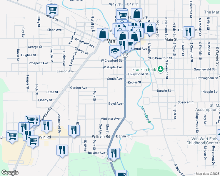 map of restaurants, bars, coffee shops, grocery stores, and more near 622 Elm Street in Van Wert
