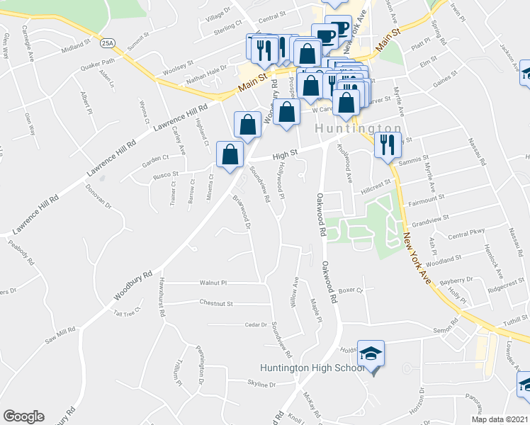 map of restaurants, bars, coffee shops, grocery stores, and more near 77 Soundview Road in Huntington