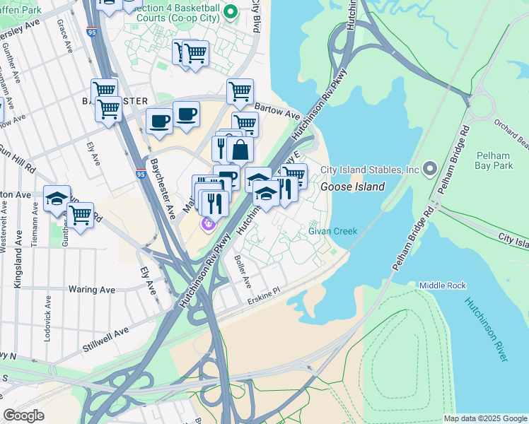 map of restaurants, bars, coffee shops, grocery stores, and more near 4140 Hutchinson River Parkway East in Bronx