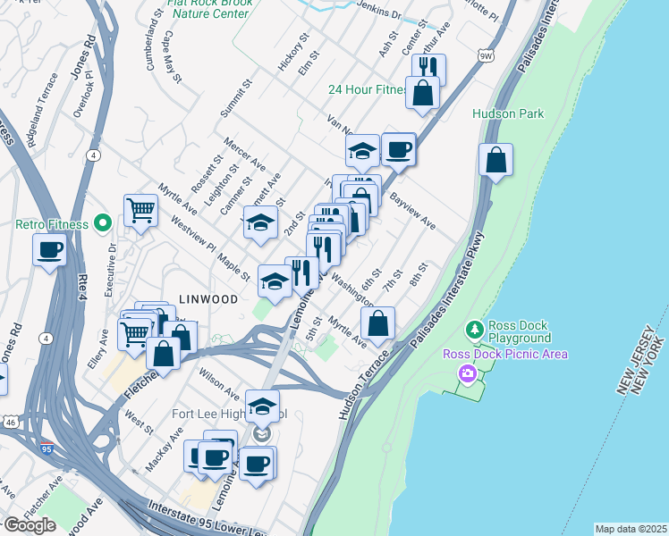 map of restaurants, bars, coffee shops, grocery stores, and more near 2455 Lemoine Avenue in Fort Lee