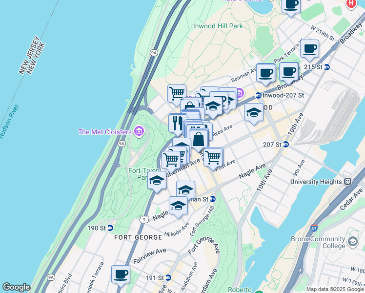 map of restaurants, bars, coffee shops, grocery stores, and more near 95 Thayer Street in New York