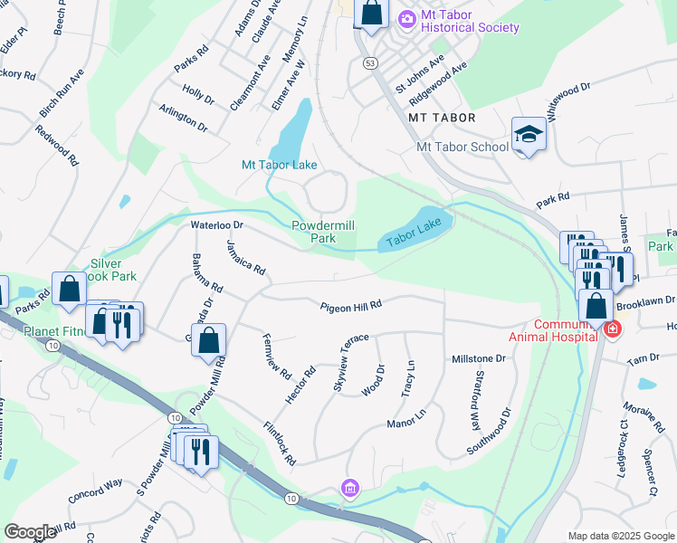 map of restaurants, bars, coffee shops, grocery stores, and more near 210 Powder Mill Road in Morris Plains