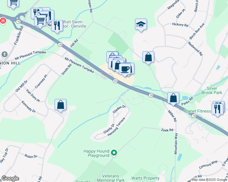 map of restaurants, bars, coffee shops, grocery stores, and more near 3055 New Jersey 10 in Denville