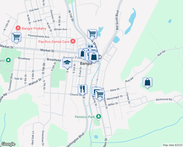 map of restaurants, bars, coffee shops, grocery stores, and more near 225 South Murray Street in Bangor