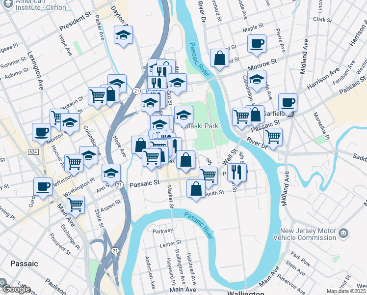 map of restaurants, bars, coffee shops, grocery stores, and more near 87 4th Street in Passaic