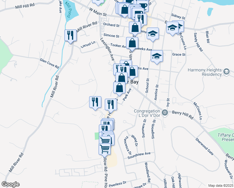 map of restaurants, bars, coffee shops, grocery stores, and more near 29 Pine Hollow Road in Oyster Bay