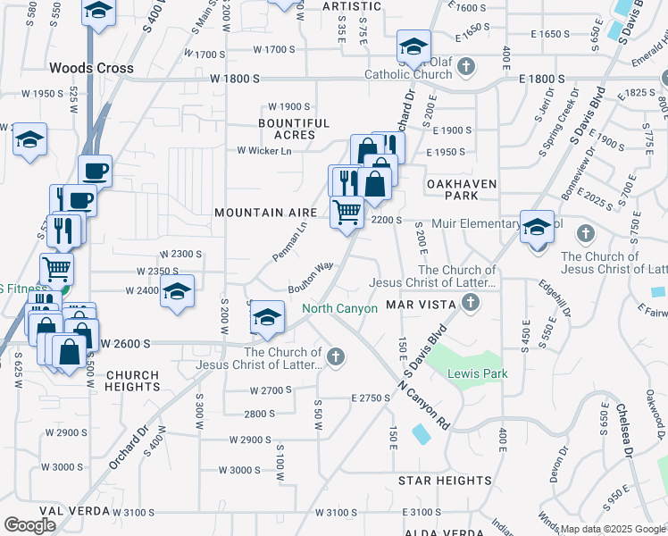 map of restaurants, bars, coffee shops, grocery stores, and more near 2420 South Orchard Drive in Bountiful