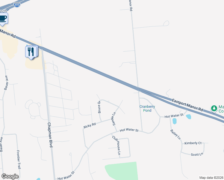 map of restaurants, bars, coffee shops, grocery stores, and more near 396 Eastport Manor Road in Manorville