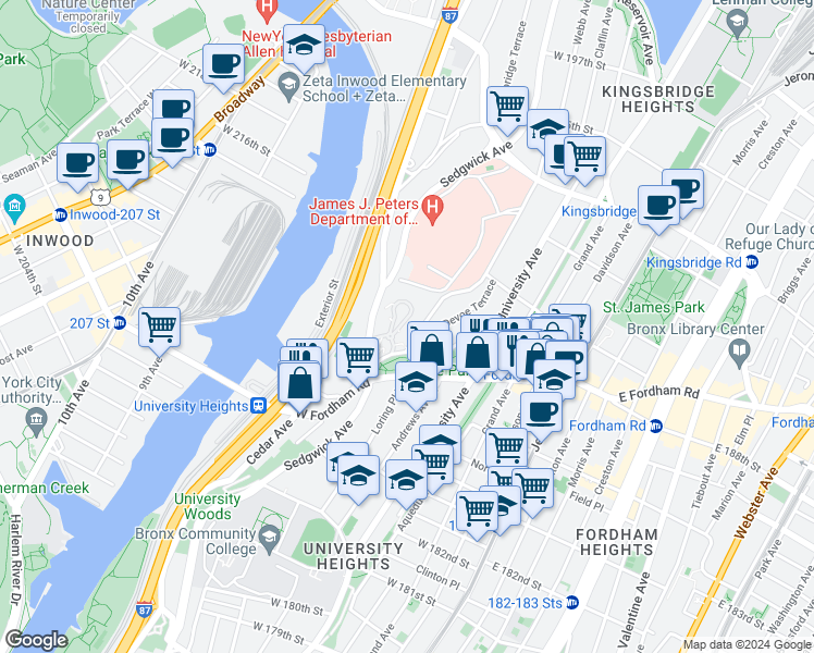 map of restaurants, bars, coffee shops, grocery stores, and more near in The Bronx