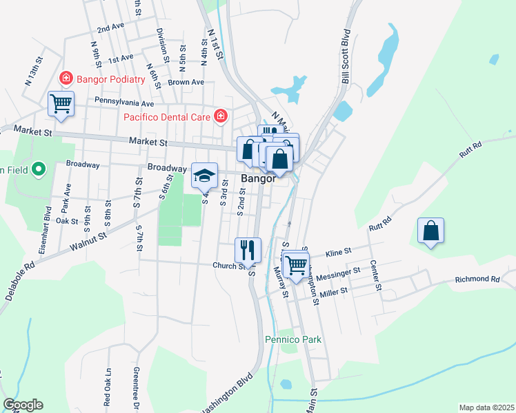 map of restaurants, bars, coffee shops, grocery stores, and more near 226 South 1st Street in Bangor