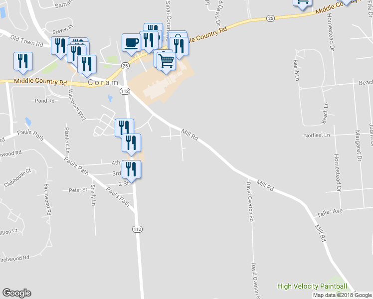 map of restaurants, bars, coffee shops, grocery stores, and more near 9 Dryden Avenue in Coram