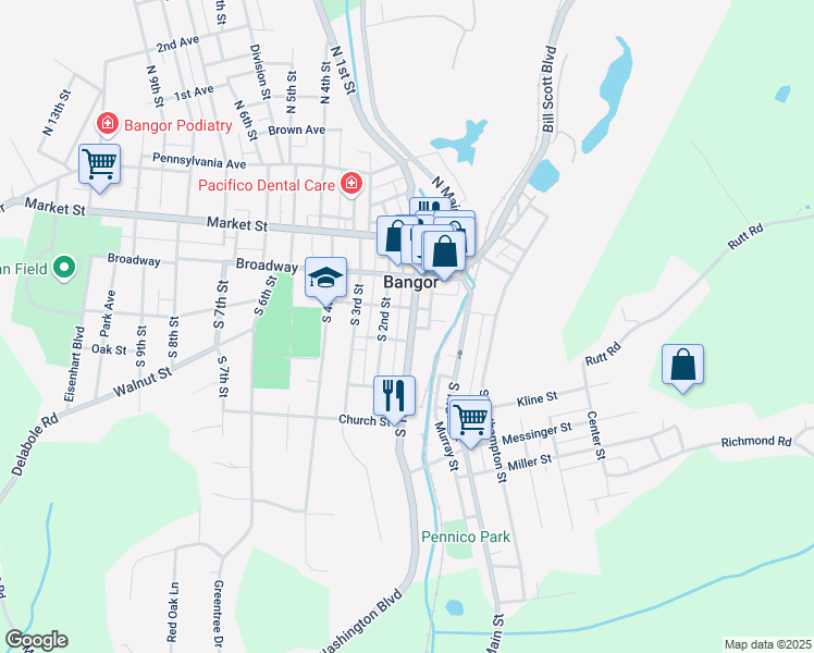 map of restaurants, bars, coffee shops, grocery stores, and more near 226 South 1st Street in Bangor