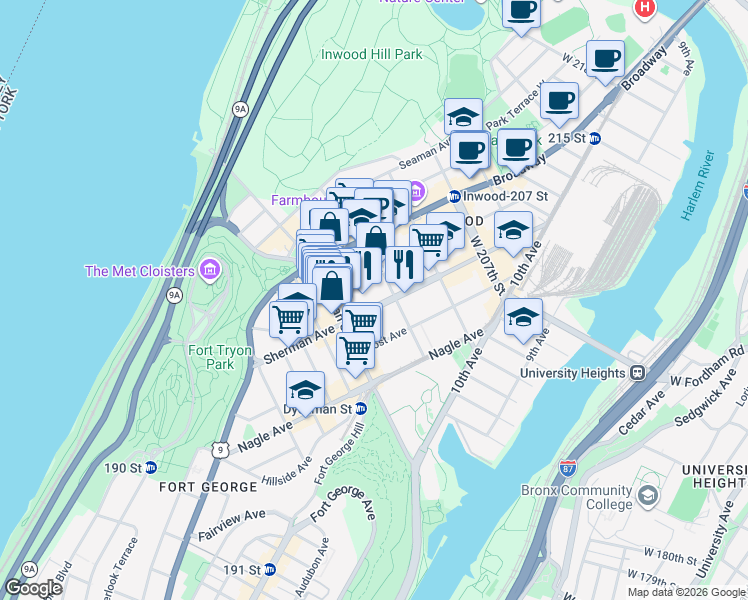 map of restaurants, bars, coffee shops, grocery stores, and more near in New York