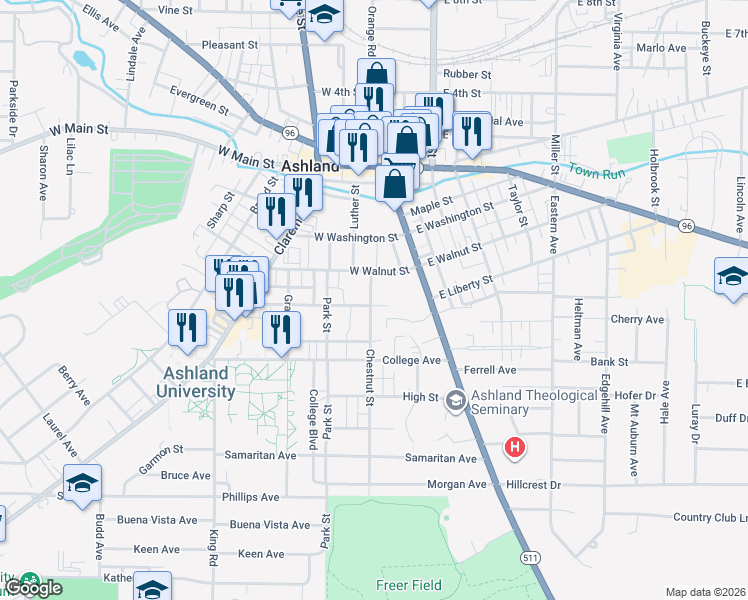 map of restaurants, bars, coffee shops, grocery stores, and more near 533 Chestnut Street in Ashland