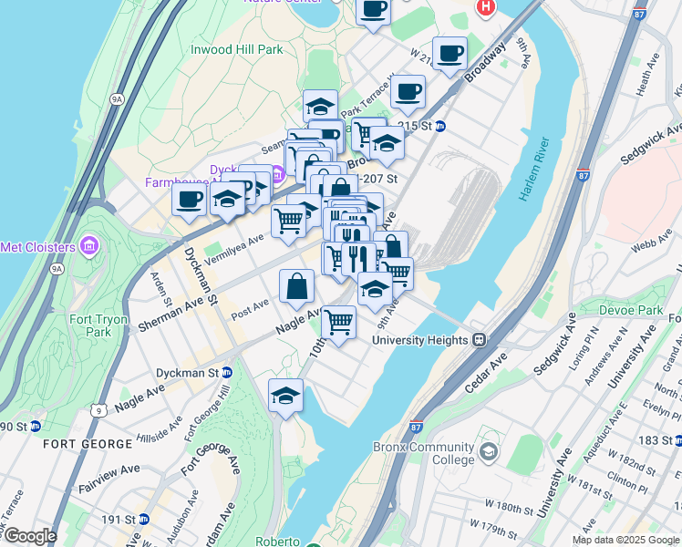 map of restaurants, bars, coffee shops, grocery stores, and more near 123 Post Avenue in New York