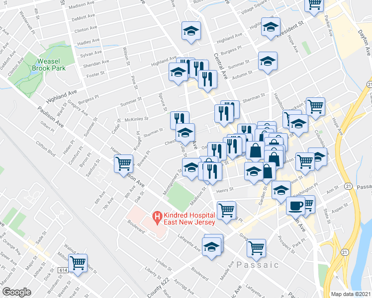 map of restaurants, bars, coffee shops, grocery stores, and more near 40 Tulip Street in Passaic