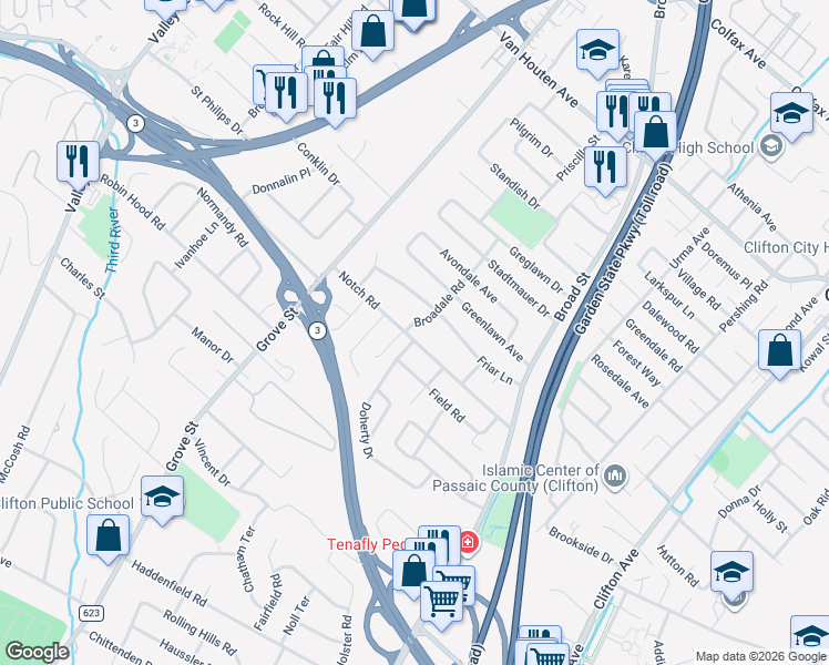 map of restaurants, bars, coffee shops, grocery stores, and more near 114 Notch Road in Clifton