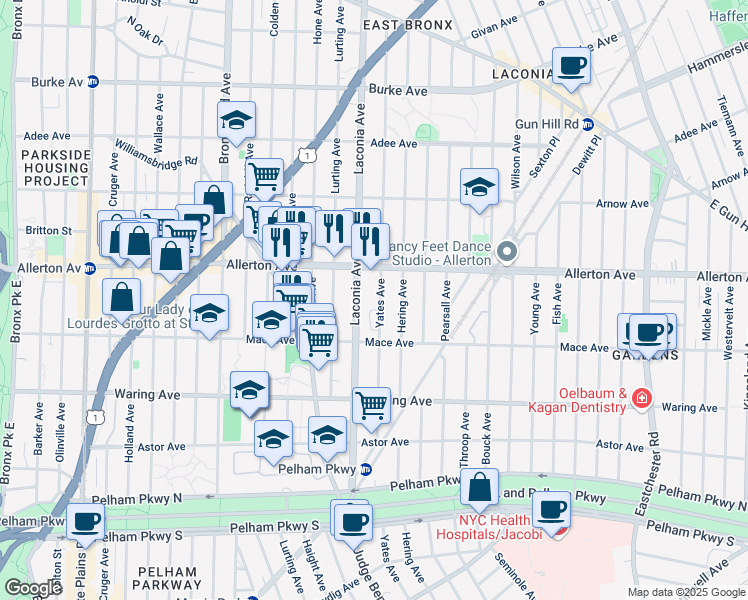 map of restaurants, bars, coffee shops, grocery stores, and more near 2546 Laconia Avenue in The Bronx