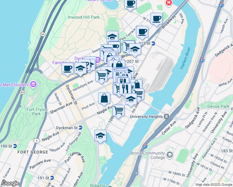 map of restaurants, bars, coffee shops, grocery stores, and more near 117 Post Avenue in New York