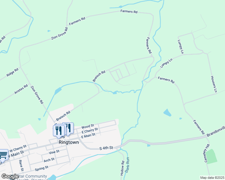 map of restaurants, bars, coffee shops, grocery stores, and more near 86 Breisch Road in Ringtown